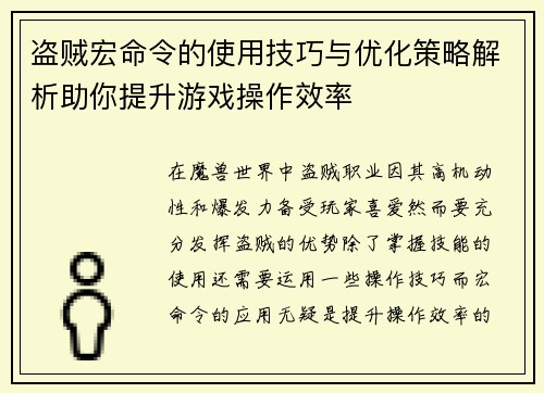 盗贼宏命令的使用技巧与优化策略解析助你提升游戏操作效率